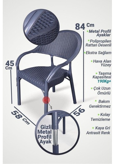 4 Adet Bambu Rattan Kollu Sandalye Koltuk Antrasit Antrasit