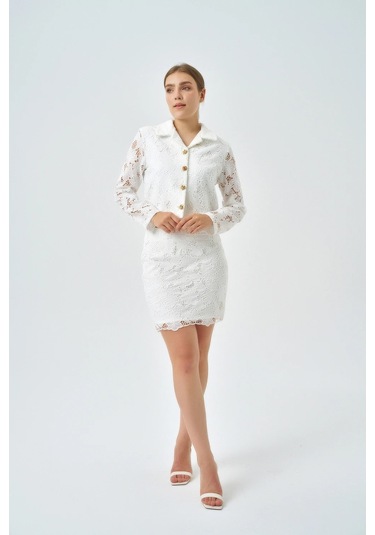 Modatalika Kadın Ceket Etek Dantel Özel Tasarım İkili Takım Ekru
