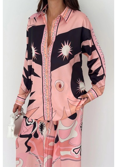 Modal Saten Kumaş Desenli Takım Pembe Pembe