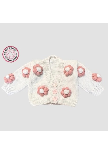 Uretti - Gülnur 2184 - El Örgüsü Gül Kurusu Çiçekli Kız Çocuk Hırka 4 Yaş - Beyaz Beyaz