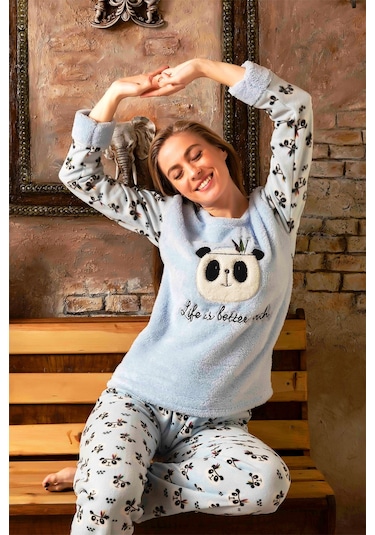 Nisanca Kışlık Kadın Welsoft Polar Pijama Takımı - Yeni Yıl Pijaması mavi