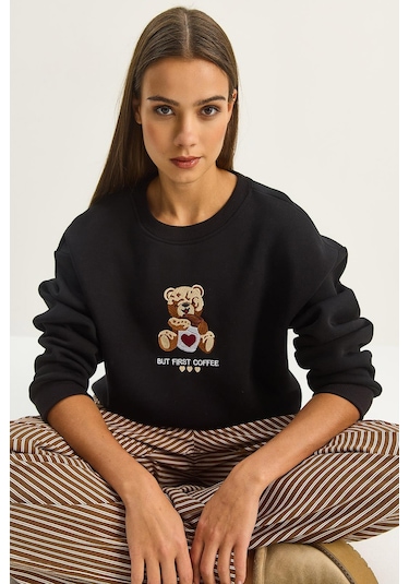 Shade Kadın Teddy Nakış Detaylı Üç İplik Şardonlu Sweatshirt 60601044 - Siyah