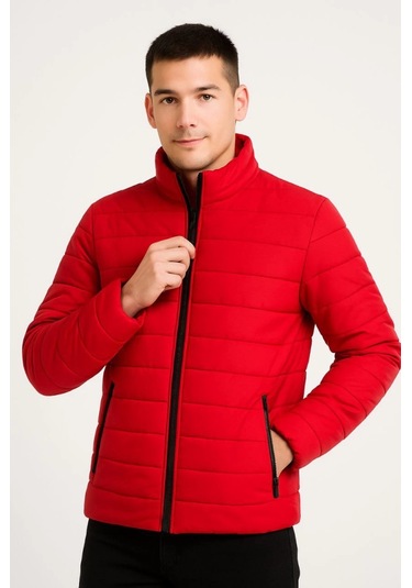 Erkek Bomber Mont Ceket Su İtici Kumaş, Kapitone Astarlı, Fermuarlı, Kışlık - Kırmızı Kırmızı