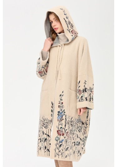 Kadın Triko Kırçiçeği Desenli Afrodit Panço Bej Bej