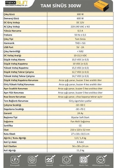 Mexxsun Tam Sinüs 12v 300w İnverter