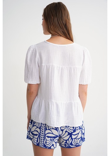 4715 Kadın Yakası Bağlamalı Kısa Kol Müslin Bluz Beyaz Beyaz