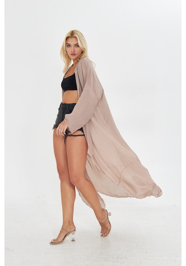 Kutaf Vizon Uzun Soft Yumuşak Kimono Bej - Taba
