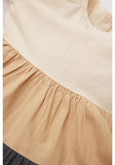 Defacto Kız Bebek Renk Bloklu Uzun Kollu Keten Görünümlü Elbise C0767A524SPBG65 Bej