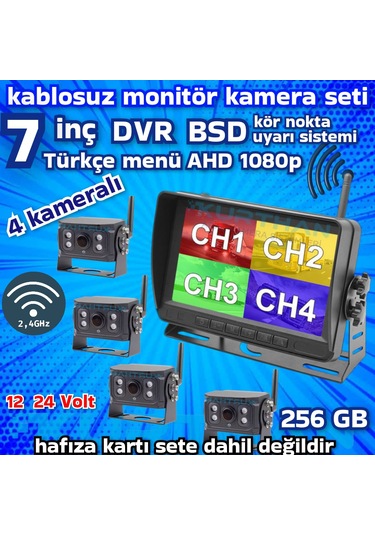 4 Adet Kablosuz Kamera Ahd 1080p 7 İnç Dvr Monitör Bsd Kör Nokta Sistemli 12 24 V