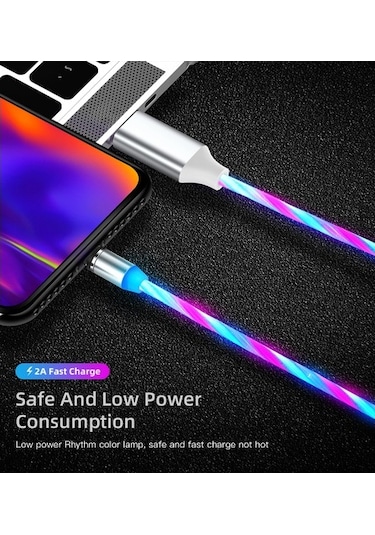 Mars 1 Metre Led Akışlı Manyetik İphone Uyumlu 2.4A Şarj Kablosu