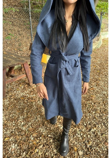 İndigo Kruvaze Yaka, Kapüşonlu, Çift Cepli, Beli Kemerli, Uzun Kaşe Kaban Astarsız İndigo