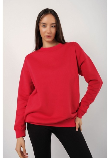 Modagen Kadın Kırmızı Focus Sırt Baskılı Bisiklet Yaka Oversize Sweatshirt Kkırmızı