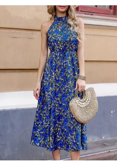 Kadın Omuzlardan Açık Daire Yaka Desenli Maxi Süprem Elbise Mavi