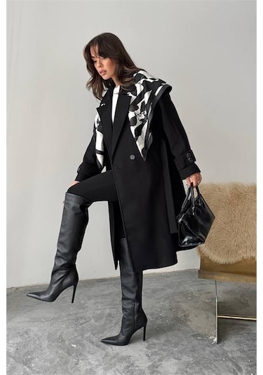 Neşeli Butik Kadın Kuşak Detaylı Astarlı Kaşe Kaban Nbg120 Siyah