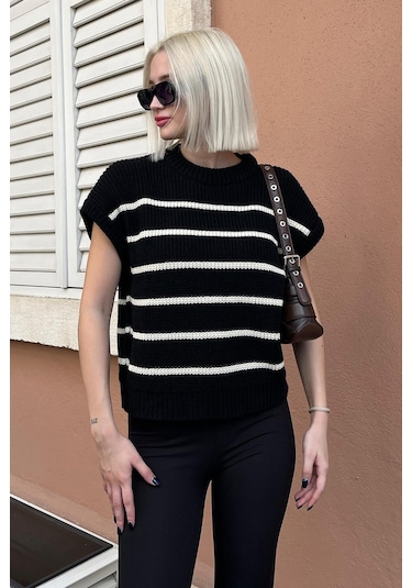 Madmext Siyah Çizgili Triko Süveter Mg2159