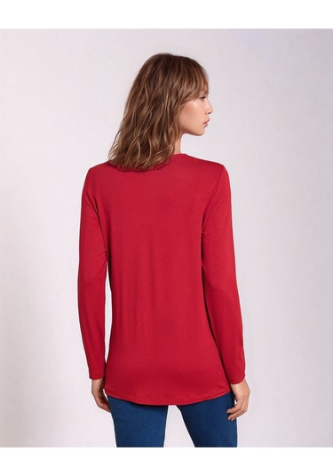 Kadın Bisiklet Yaka Esnek Desenli Taşlı Viskon Uzun Kol Curve Büyük Beden Bluz Kırmızı