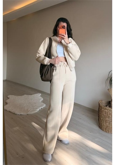 Neşeli Butik Kadın Oversize 3 İplik Cepli Eşofman Takımı Nm029 Bej