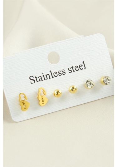 6 Adet Kalp Taşlı Çelik Küpe 0409 Altın