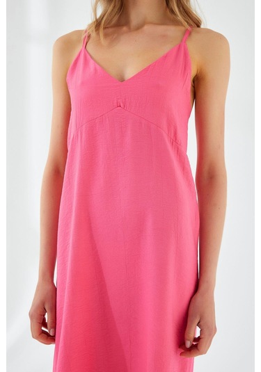 4252 Kadın İp Askılı V Yaka Elbise Fuşya Fuşya