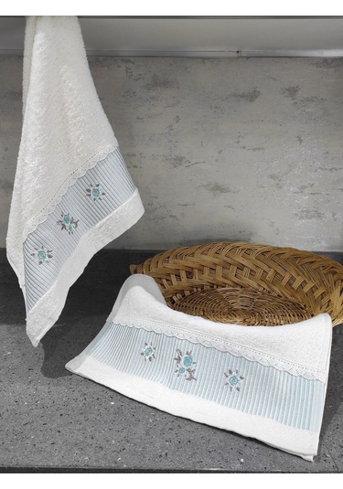 %100 Pamuk & Nakışlı Havlu Takımı - 2'li Dantelli Havlu Seti - 40x60 Cm Mint Yeşili Mint