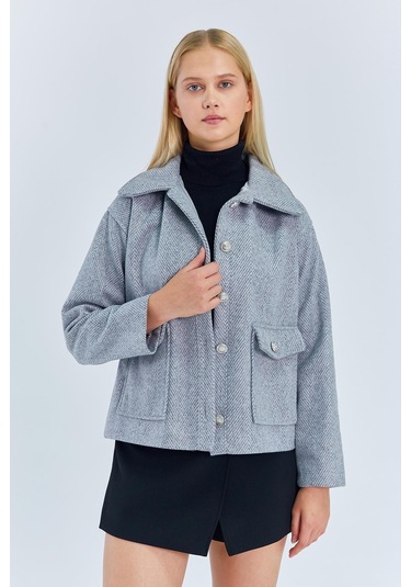 4410 Kadın Balık Sırtı Kısa Kaban Gri Gri