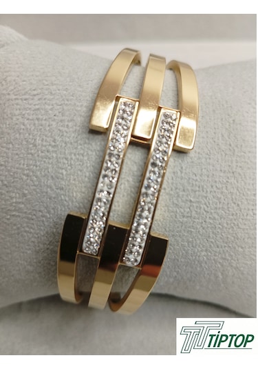 Üç Sıra Zirkon Taşlı Kelepçe Bileklik Gold