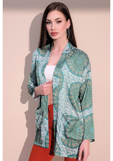 Kadın Yeşil Etnik Desen Yeni Moda Saten Çift Cepli Salaş Kimono Ceket - Tesettüre Uygun Yeşil
