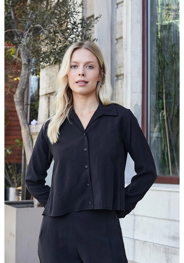Kadın Likrasız Modal Kumaş Uzun Kol Hafif Kısa Gömlek-siyah Siyah