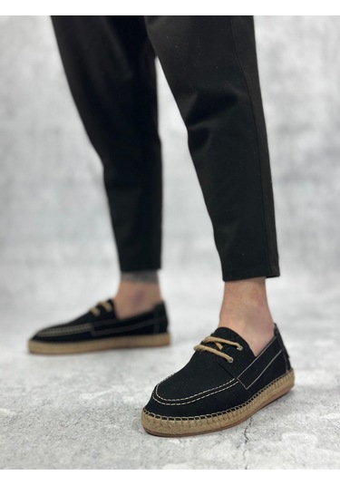 Pabucmarketi Bağcık Detaylı Doğal Deri Tozu Kauçuk El Yapımı Espadril Erkek Ayakkabı Siyah Çok Renkli