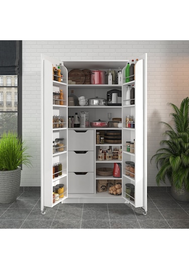 90 Derece Açılabilir 2 Kapaklı, 3 Çekmeceli, Kavanoz Raflı Kiler Ve Erzak Mutfak Dolabı Beyaz