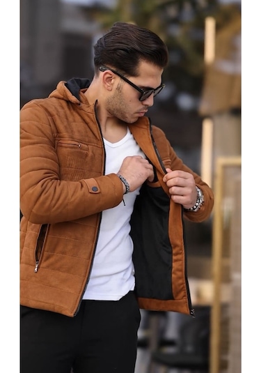 Erkek Taba Dar Kesim Kapüşonlu Süet Mont Taba