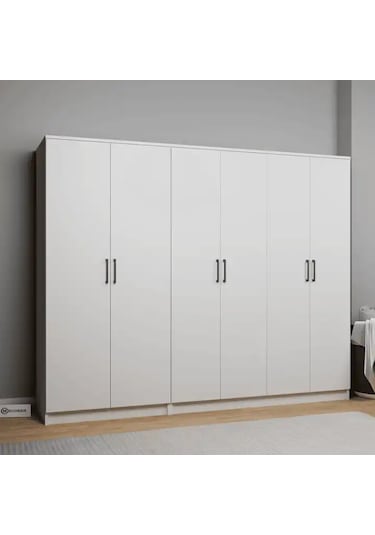 Kardelen Serisi 220 Cm Mat Beyaz 6 Kapılı 9 Raflı Elbise Dolabı - Gardırop Seti Beyaz