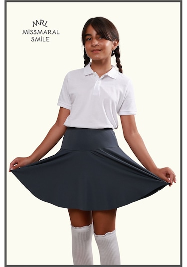 Kız Çocuk Okul Etek Antrasit/ Gri Yüksek Bel Içi Şortlu Okul-oyun-spor-etkinlik Eteği Antrasit