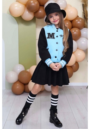 Riccotarz Kız Çocuk Düğme Detaylı Pamuklu Mavi Kolej Ceket Kadife Etekli Takım Mavi