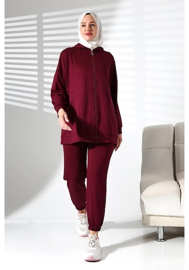 Kadın Mevsimlik Alt Ve Üst Rahat Mürdüm Spor Tesettür Takım Mürdüm