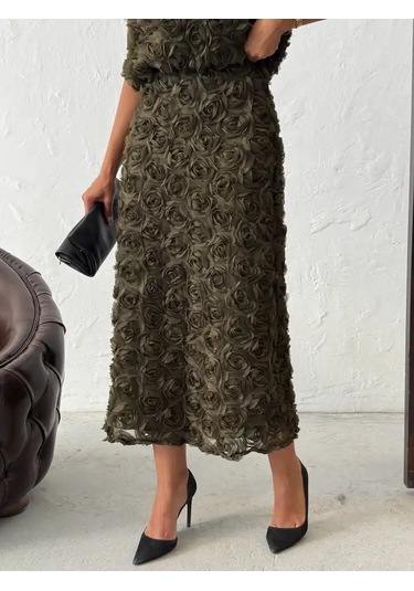 Gül Desenli Tül Etek Haki Yeşili