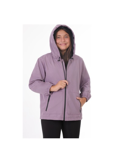 Kız Çocuk Mürdüm İçi Astarlı Su Ve Rüzgar Geçirmez Kapüşonlu Çift Fermuarlı Cepli Yağmurluk Mürdüm