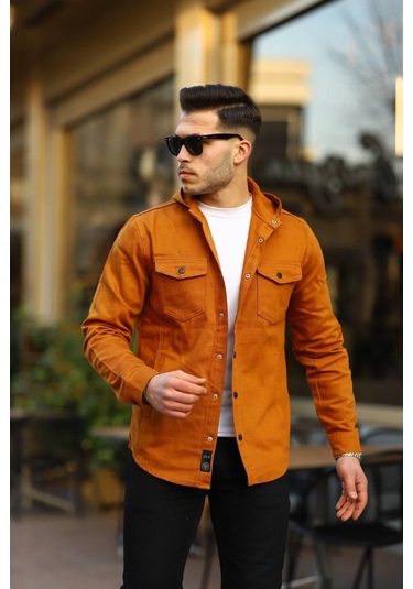 Hardal Renk Kapüşonlu Kot Ceket Hardal