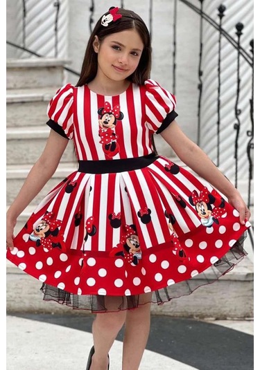 Riccotarz Kız Çocuk Üzeri Mc Maymun Baskılı Şerit Ve Çizgi Detaylı Kırmızı Elbise Kırmızı