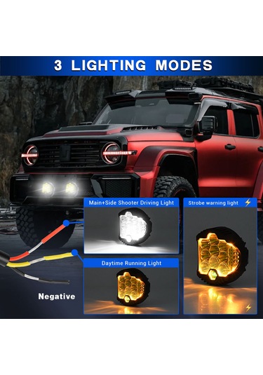 Honmex 3 İnç 150w Suv Led Farları 2 Adet - Orta Beyaz Sürekli, Yan Sarı Sürekli Ve Parlak Flaş Modu, Ip67 Su Geçirmez, 6000k 30000lm