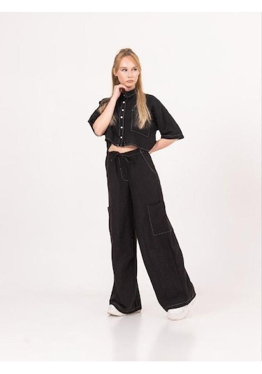 Kız Çocuk Gömlek Ceketli Bol Paça Pantolonlu Takım-13850 Siyah