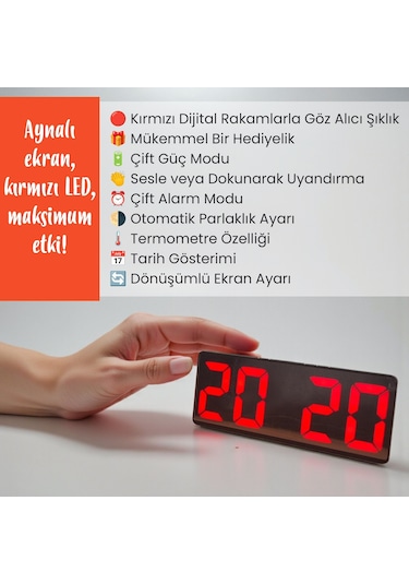 Upway Kırmızı Led Dijital Masa Saati Aynalı Şık Çift Alarm Sıcaklık Tarih Kırmızı - Siyah