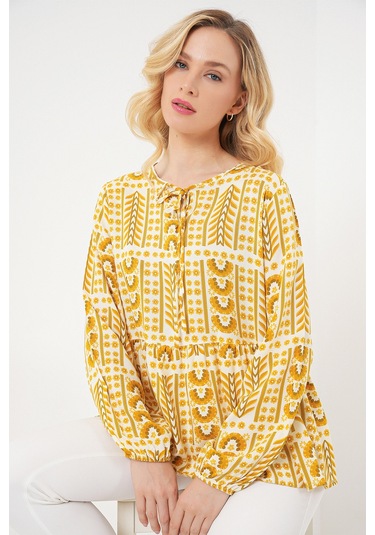 Kadın Desenli Uzun Kol Bluz 970 - Sarı Sari