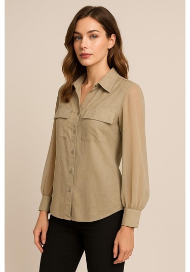 Kadın Bej Şifon Kol Gömlek - Düğmeli, Şık Ve Zarif Tasarım Günlük Ve Ofis Kullanımına Uygun Çok Renkli