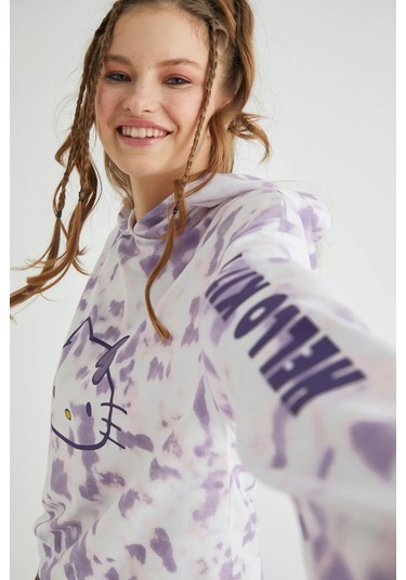 Hello Kitty Lisanslı Batik Kapüşonlu Sweatshirt Pijama Üstü Renkli