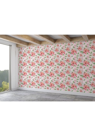 Pembe Çiçek Ve Yaprak Desenli Duvar Kağıdı-5588 Çok Renkli
