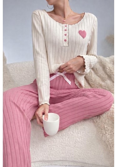 Bella Notte Nakışlı Pembe Pamuklu Kalp Detaylı Pijama Takımı