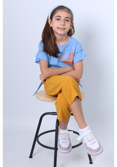 Kız Çocuk İkili Takım Sırt Baskılı Püsküllü Kolları Fıfırlı F20 Mavi