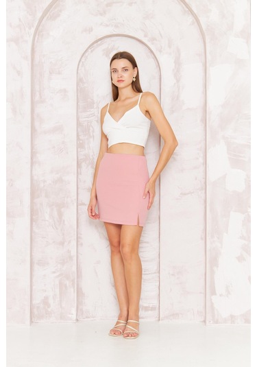Kadın Pembe Yırtmaçlı Mini Etek Dm2016 Pembe