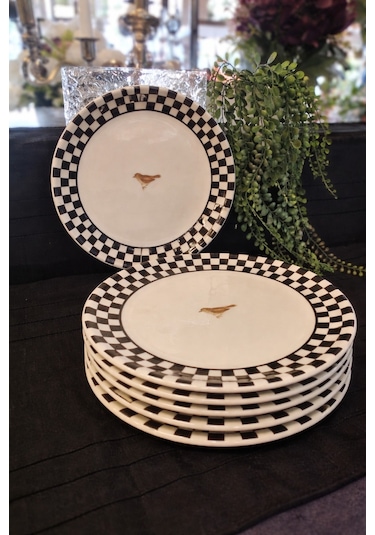 Damalı Kuşlu 6 Lı Pasta Tabağı Beyaz - Siyah